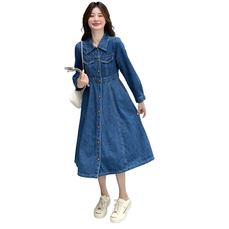 韩版复古牛仔连衣裙女2025年春秋季新款设计感收腰显瘦气质A字裙,女装牛仔裙,天使之佳话