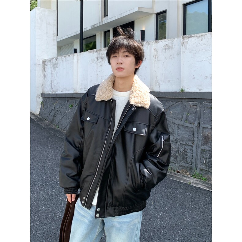 翻领毛领拼接美式复古棉服外套男女冬季新款百搭皮衣AY216-P80，男装皮衣，星座208-5