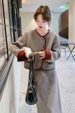 下单出货中!秋冬人字纹拼色安可拉红小香风套装#99011-P195-K269，女装套装/套裙，2C317