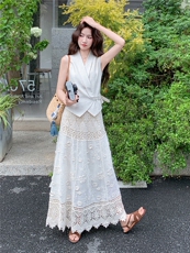 轻奢超好看套装裙女2026夏新款法式温柔V领马甲拼接半身裙两件套，女装套装/套裙，流量+