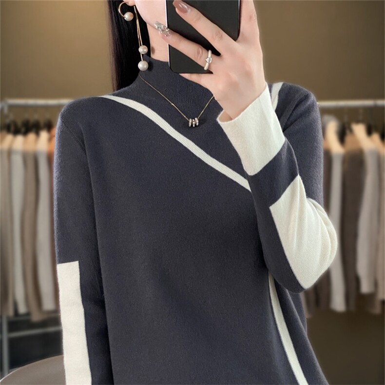 时尚拼色羊毛针织衫显瘦百搭宽松毛衣秋冬必备单品,针织衫/毛衣,暖姿羊绒