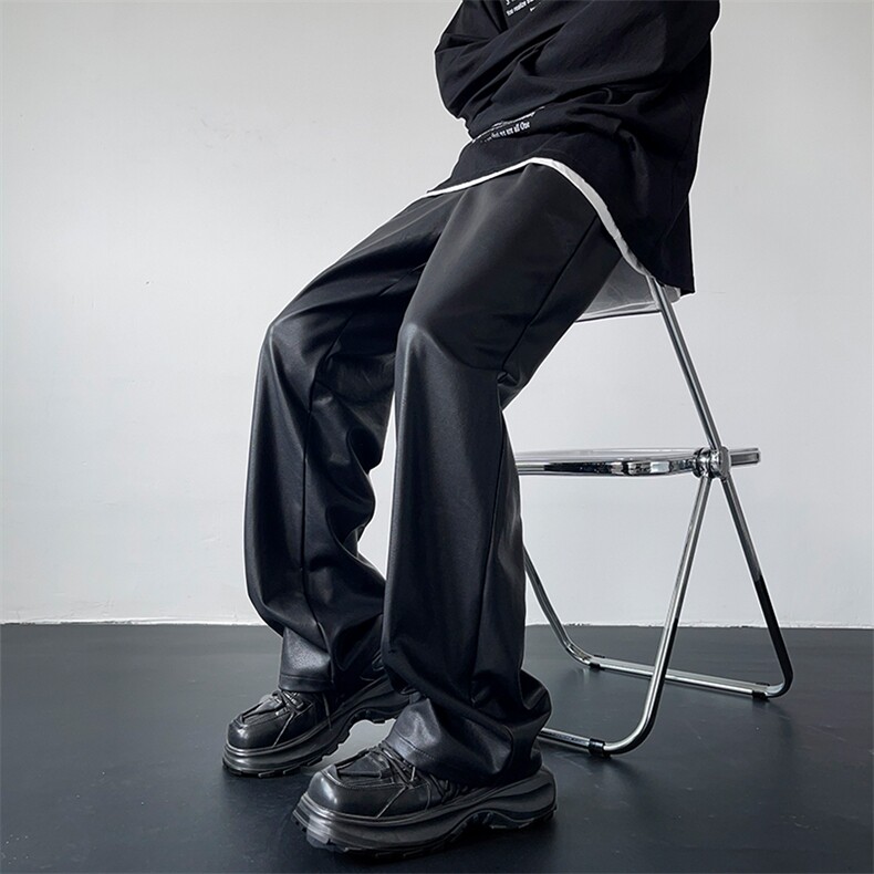 4直筒显瘦黑色PU皮皮裤宽松百搭阔腿裤男女XZ211-1-K2349-P65，男装皮裤，星座211-1