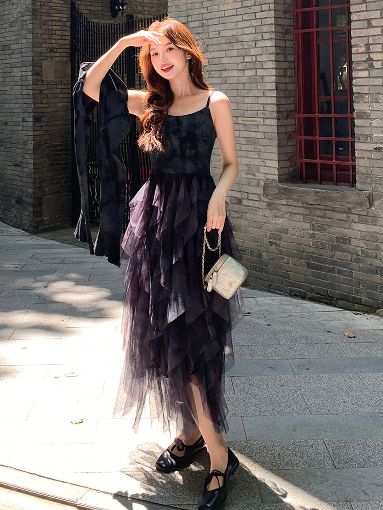 扎染不规则网纱拼接针织吊带连衣裙套头罩衫套装B60-P165-K247，女装连衣裙，浙宝191（原浙宝008）