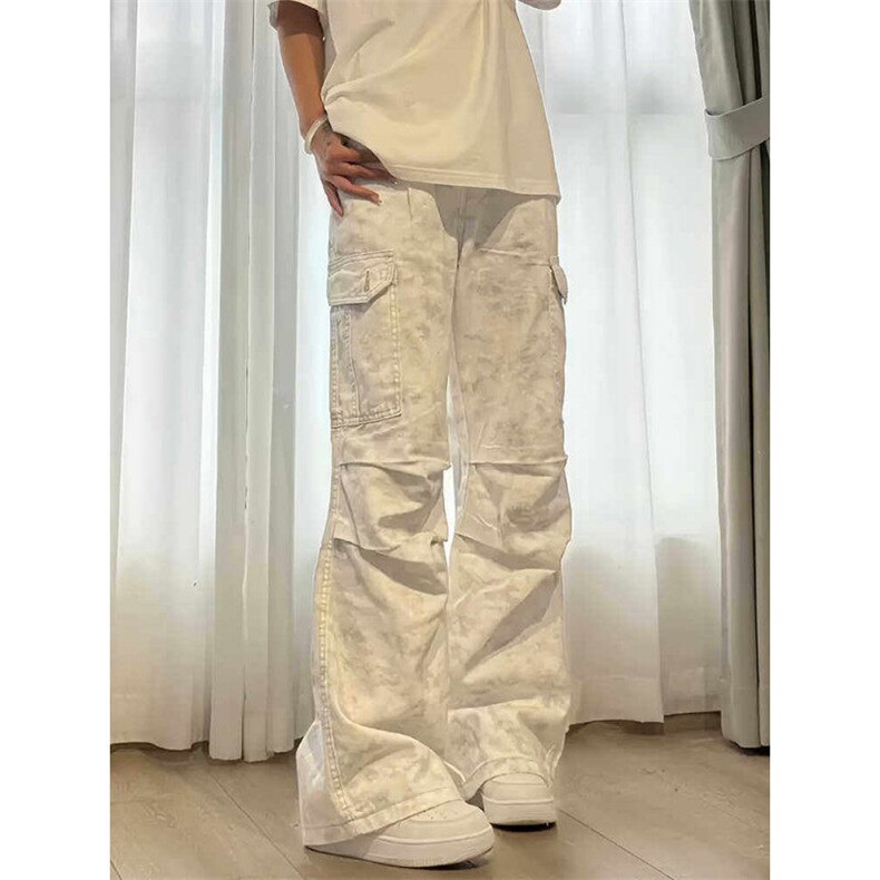 白色扎染脏脏牛仔裤男春秋美式hiphop褶皱工装裤微喇直筒弯刀裤子,男装牛仔裤,星座310A-4