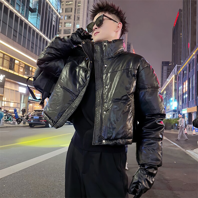 AY152-P138控178冬季社会小伙PU皮立领保暖短款修身棉服男黑首1，男装棉衣，星座305B-1