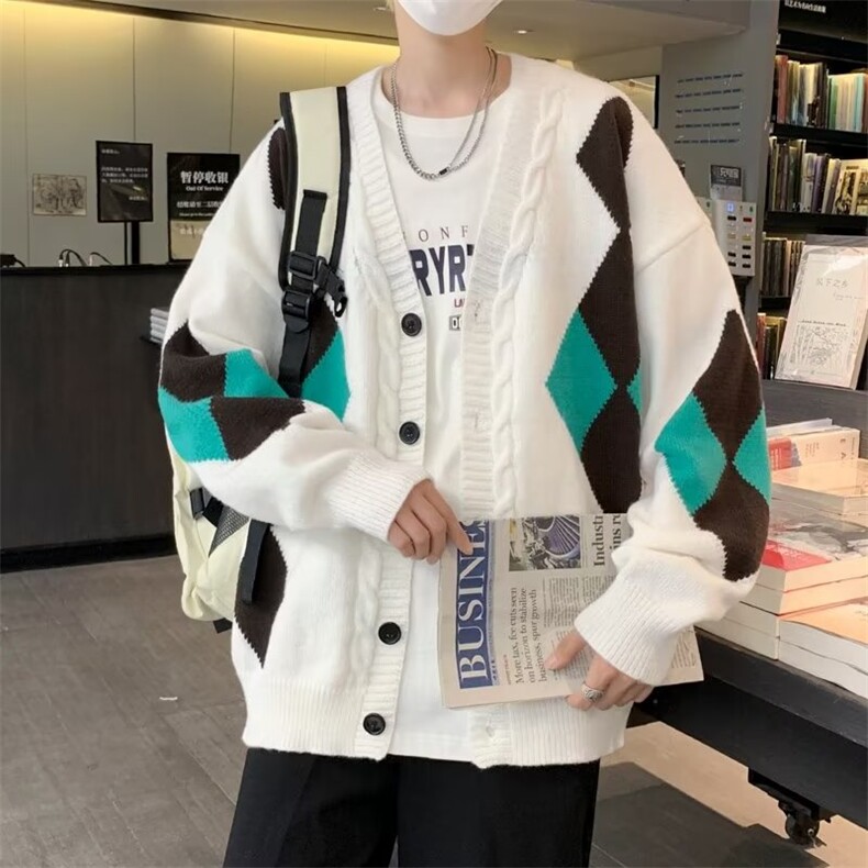 开衫毛衣男秋季高街ins港风潮流百搭菱形格子针织衫外套M602-P48,男装针织衫/毛衣,星座512-3