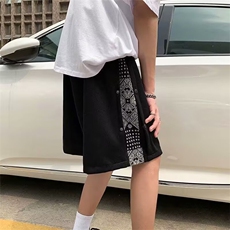 潮牌夏季腰果花短裤男宽松嘻哈高街篮球运动五分排扣裤子，男装牛仔裤，星座506A