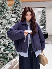 藏青色格子拼接假两件短款羽绒服女冬季2025新款设计感白鸭绒外套，女装羽绒服，慧尚依恋