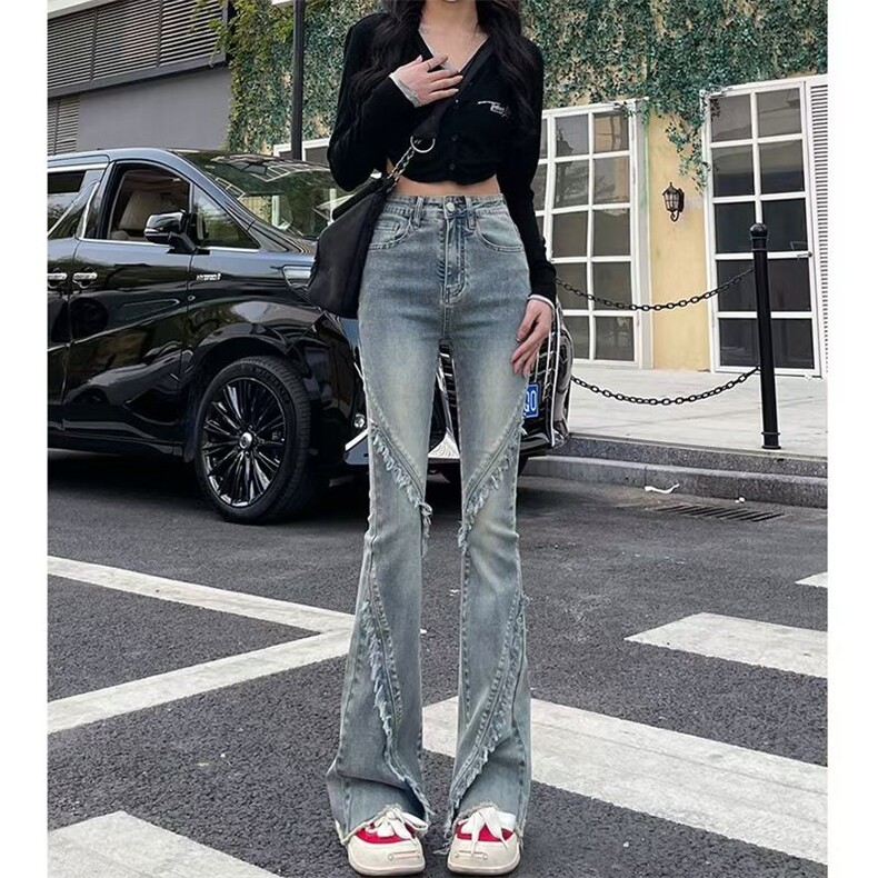 春秋季新款微喇牛仔裤女高腰设计感马蹄时尚拼接毛边喇叭牛仔裤子,男装牛仔裤,星座506A