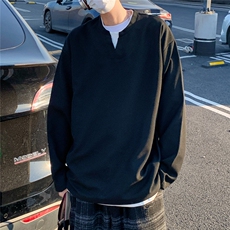 2026春夏大码假两件华夫格长袖T恤男宽松上衣W56683/特P20黑色，男装T恤，电商A094