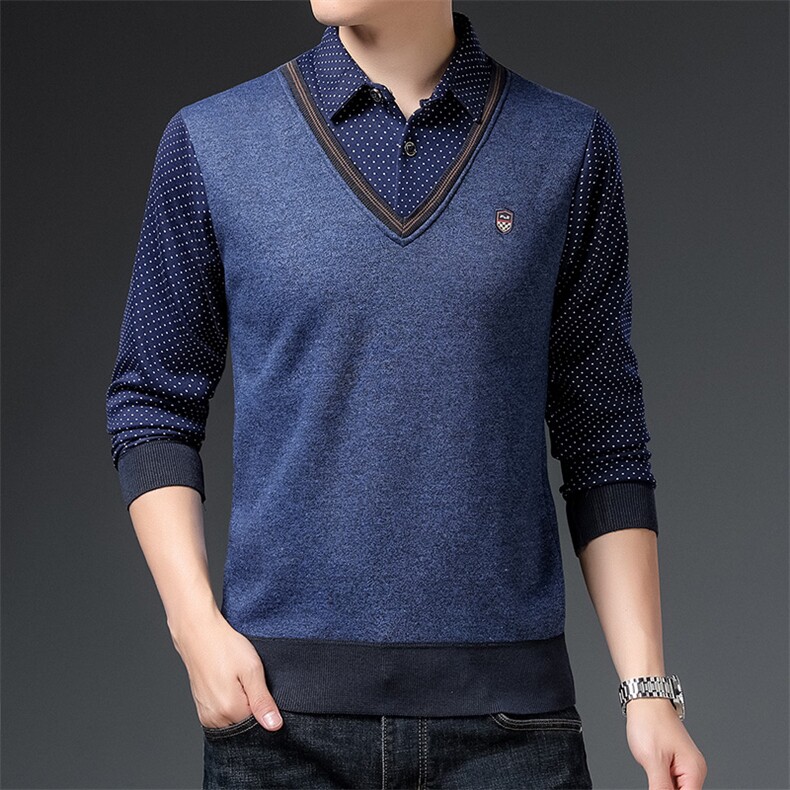 假两件长袖t恤男春秋季新款打底衫上衣中年男士商务休闲翻领卫衣，男装卫衣，电商B212（原钱塘6029）