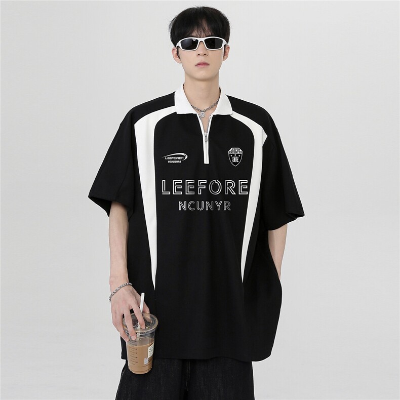 半拉链美式穿搭黑白拼接男装机车短袖夏季重磅POLO衫T恤T339-P38,男装Polo衫,电商C307
