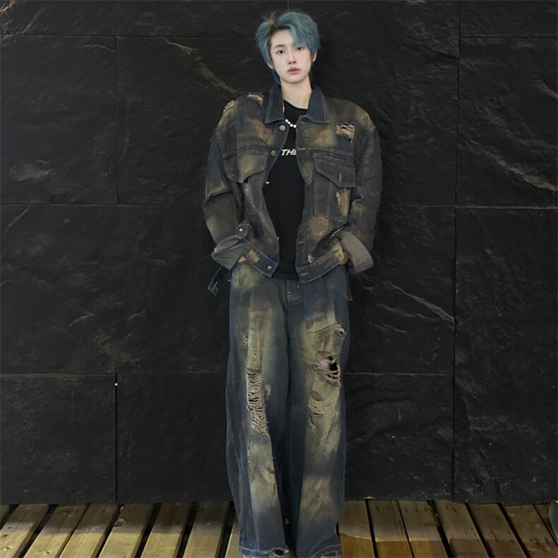 （自家图）重磅脏破洞做旧宽松直筒美式阔腿裤70113裤子-p59，男装休闲裤，星座910B