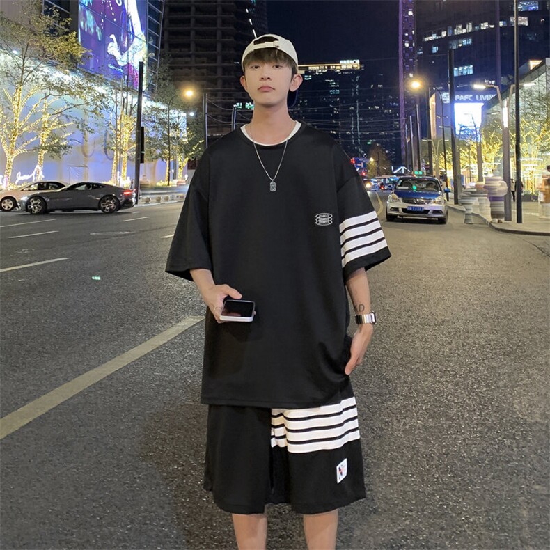 夏季新款潮流个性时尚三条杠休闲短袖套装男宽松大码运动情侣款,男装休闲套装,星座506