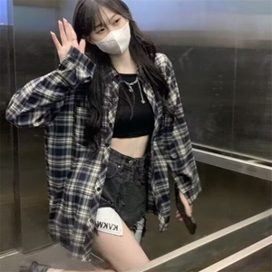潮撞色格子衬衫男女款春秋季2025新款宽松休闲长袖百搭衬衣复古图片
