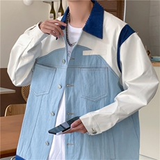 拼接皮袖牛仔外套男潮牌宽松休闲设计感小众高街ins夹克J8511-P70，男装夹克，星座1008
