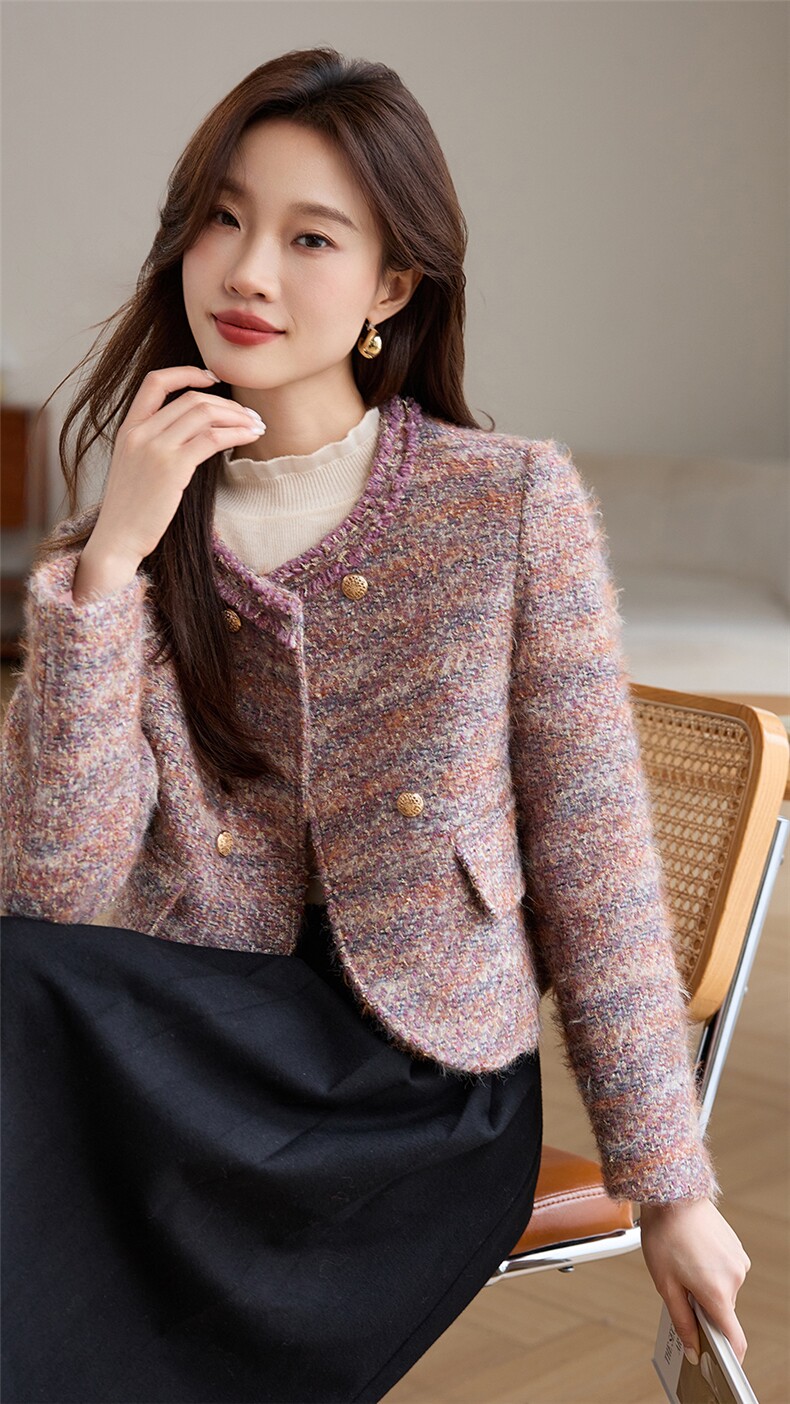 粗花毛呢小外套超短款外搭加棉女装上衣通勤气质小香风裙裤百搭款,女装毛呢外套,婵米儿
