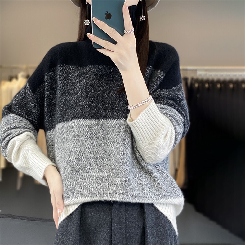 休闲/淑女2024年秋冬季单件长袖高翻领花纱拼色套头羊毛衫,女装羊毛衫,丽特绒