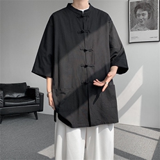 8XL-M新中式衬衫男中山装麻棉风复古中袖衬衣唐装CS527P60，男装衬衫，电商D206-1