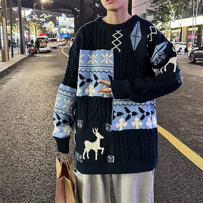 冬季圆领加绒加厚毛衣男潮流保暖拼色休闲长袖宽松时尚针织衫,男装针织衫/毛衣,星座410-7