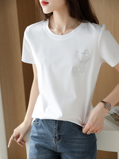 烫画小熊工艺高端丝光棉短袖圆领冰感上衣女显瘦休闲百搭基础款潮，女装T恤，元素羊绒