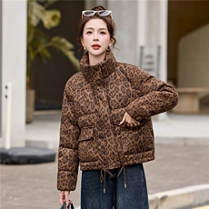 豹纹羽绒服女2025秋冬新款短款小个子韩版显瘦超好看立领加厚外套，女装羽绒服，蓝朵琳