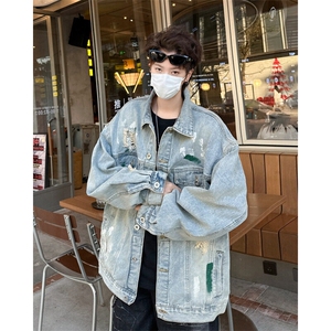 美式破洞牛仔外套男春新款潮牌泼墨工装高街翻领夹克JK08865-P65图片