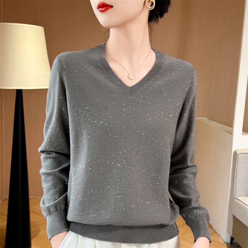 2024秋冬新款百搭V领针织打底衫女气质设计感满天星洋气显瘦上衣图片