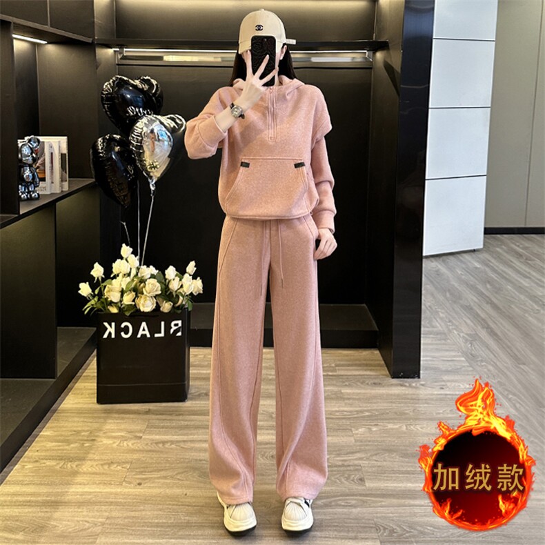 时尚保暖粉色加绒卫衣阔腿裤两件套,女装套装/套裙,江南