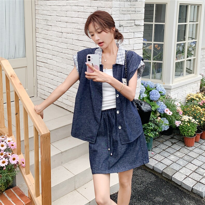 淡人复古格子拼接牛仔套装女2025夏季新款减龄无袖衬衫短裙两件套,女装套装/套裙,2C232