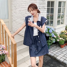 淡人复古格子拼接牛仔套装女2025夏季新款减龄无袖衬衫短裙两件套，女装套装/套裙，2C232