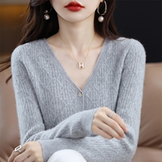 时尚百搭羊毛V领开衫女宽松显瘦针织毛衣外套，女装羊毛衫，邓利维