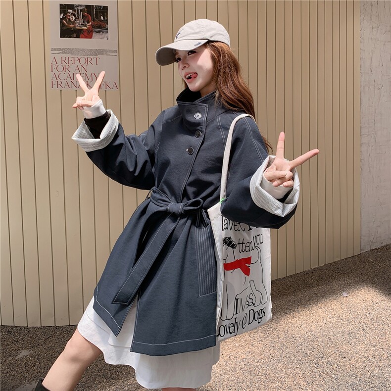 藏青色收腰工装风衣外套女春秋2025新款独特超好看休闲夹克大衣,女装风衣,1D103