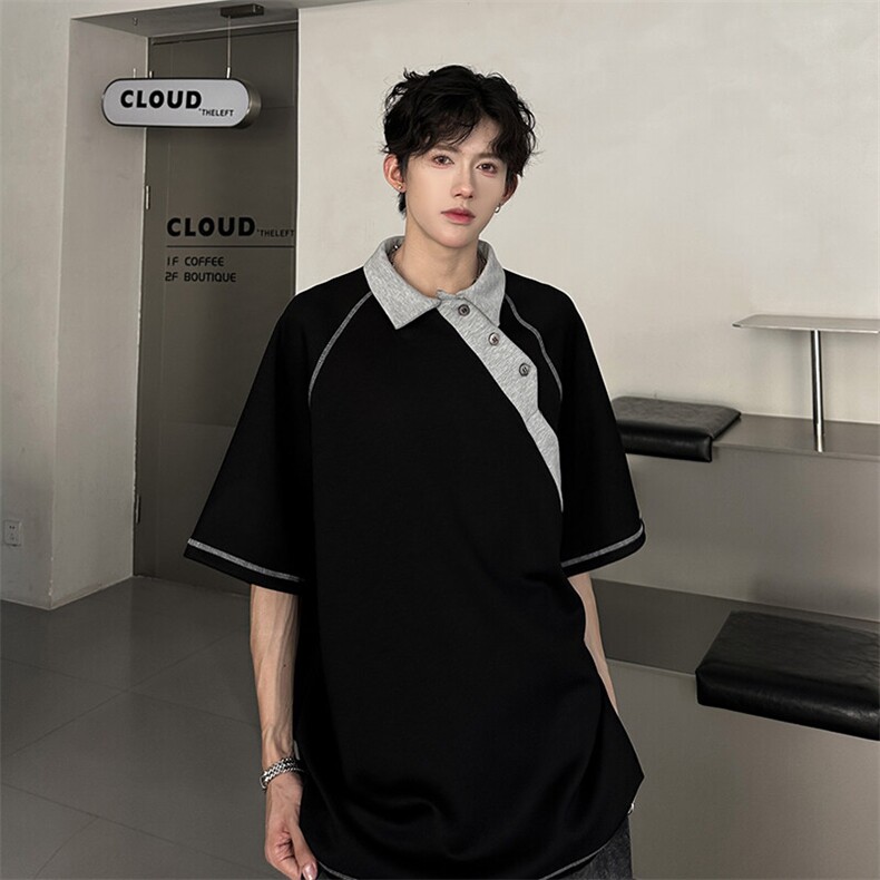 结构拼接撞色夏季设计感Polo衫美式重磅半袖T恤短袖946P48，男装Polo衫，电商A458A