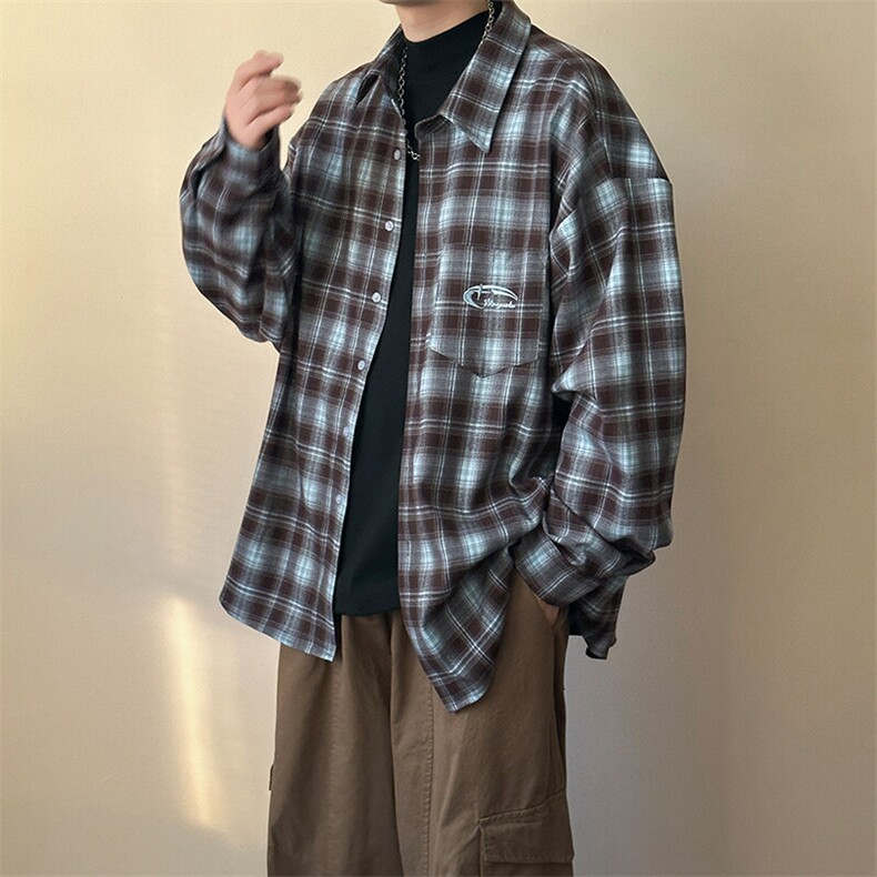 高品质绣花全棉格子长袖衬衣外套潮牌中性AC2308603-特批P60,男装衬衫,电商A351