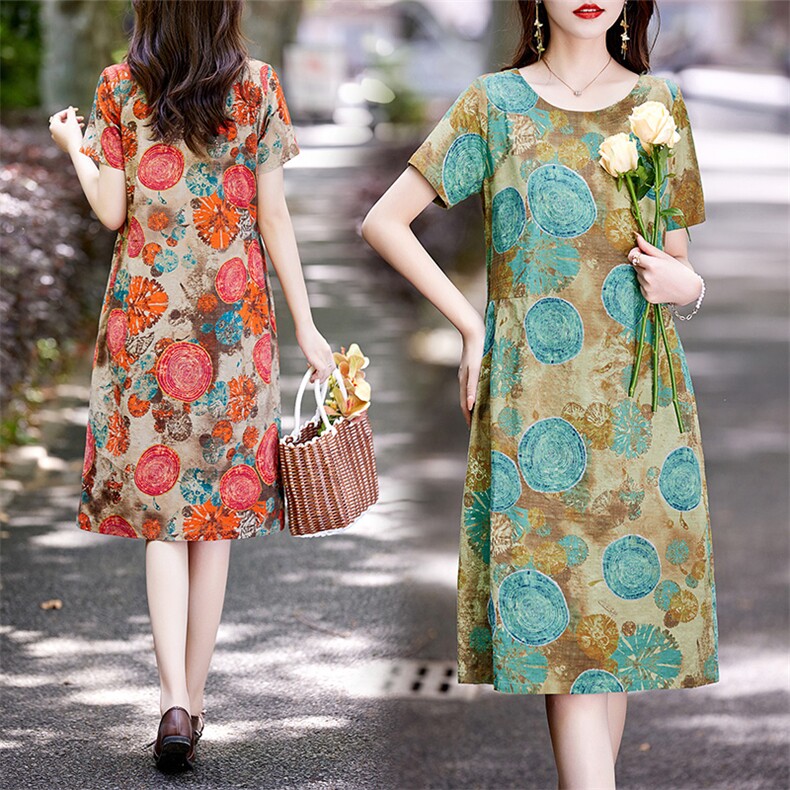 棉麻连衣裙夏季2025新款衣服大码女装高端精致气质碎花宽松裙子，女装连衣裙，倪叶myz