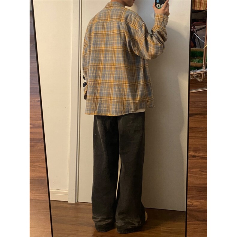 现货黄蓝格子长袖衬衫男美式格纹衬衣小众设计情侣外套K342-P45,男装衬衫,星座1007（原301D）