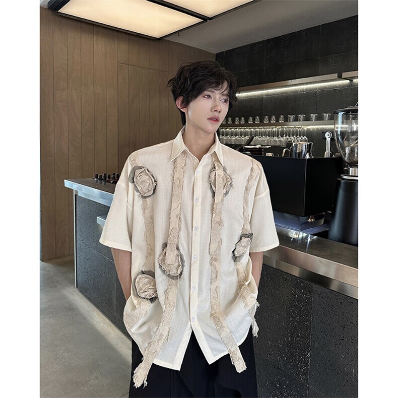 现货！25手工花朵艺术生飘带男士棉麻短袖衬衫CS133-P98,男装T恤,电商B288