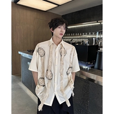 现货！25手工花朵艺术生飘带男士棉麻短袖衬衫CS133-P98，男装T恤，电商B288