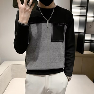 秋冬男士毛衣针织衫打底衫线衣修身套头潮流圆领拼色时尚T恤 S513图片