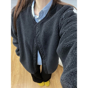 高品 U家秋冬防风仿羊羔绒摇粒绒圆领宽松开衫外套男女 A1183-P75图片