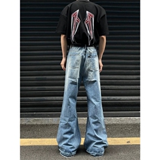网图有货夏季美式复古水洗蓝色微喇破洞宽松牛仔裤男女A645-P45，男装牛仔裤，星座1505