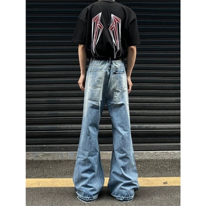 网图有货 夏季美式复古水洗蓝色微喇破洞宽松牛仔裤男女 A645-P45图片