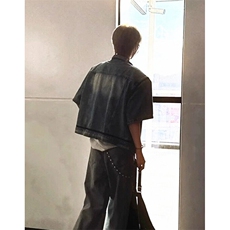小香风无领垫肩牛仔衬衫男短袖痞帅工装衬衣美式高街外套JK8943，男装夹克，星座1116A（原606A-3）
