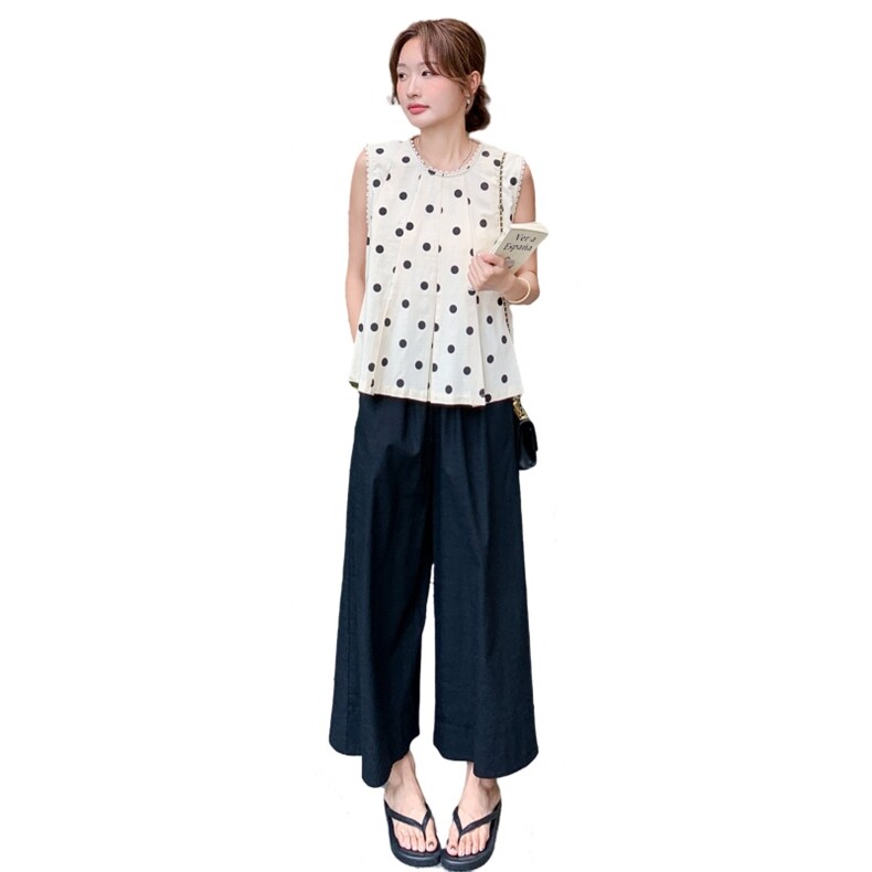 韩版波点系带收腰背心衬衫休闲裤套装女2025年夏季新款显瘦两件套,女装套装/套裙,2C272