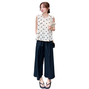韩版波点系带收腰背心衬衫休闲裤套装女2025年夏季新款显瘦两件套图片