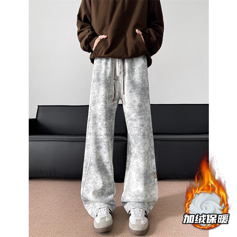 加绒加厚脏脏裤子男款秋冬直筒阔腿休闲裤加长扎染弯刀裤KZ025P45，男装卫衣，电商B312