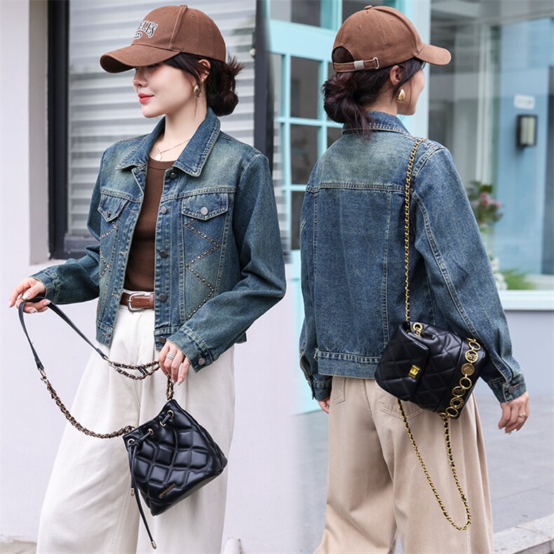 现货春秋新款美式复古短款牛仔外套水洗设计感宽松百搭夹克上衣女，女装牛仔外套，潮流依族