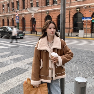 加绒皮毛一体羊羔毛外套女加厚2025冬新款韩系立领短款麂皮绒棉服图片