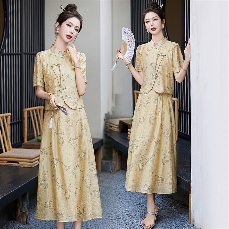 现货新中式女装2024年现货夏装新款设计感时尚气质套装连衣裙，女装套装/套裙，琦鑫阁（原依鑫阁）